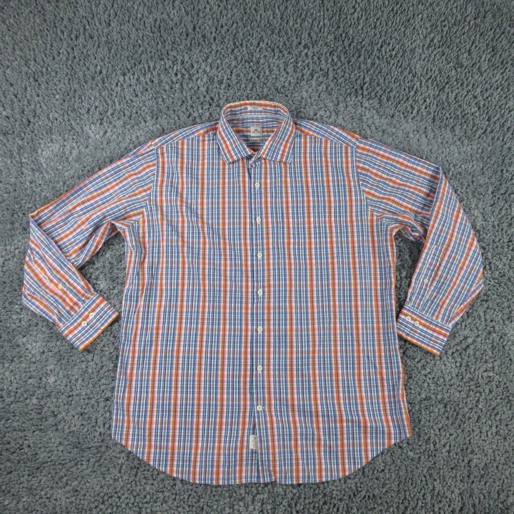 Peter Millar Shirt Mens Extra Large Blue Orange Plaid Weekender Finish